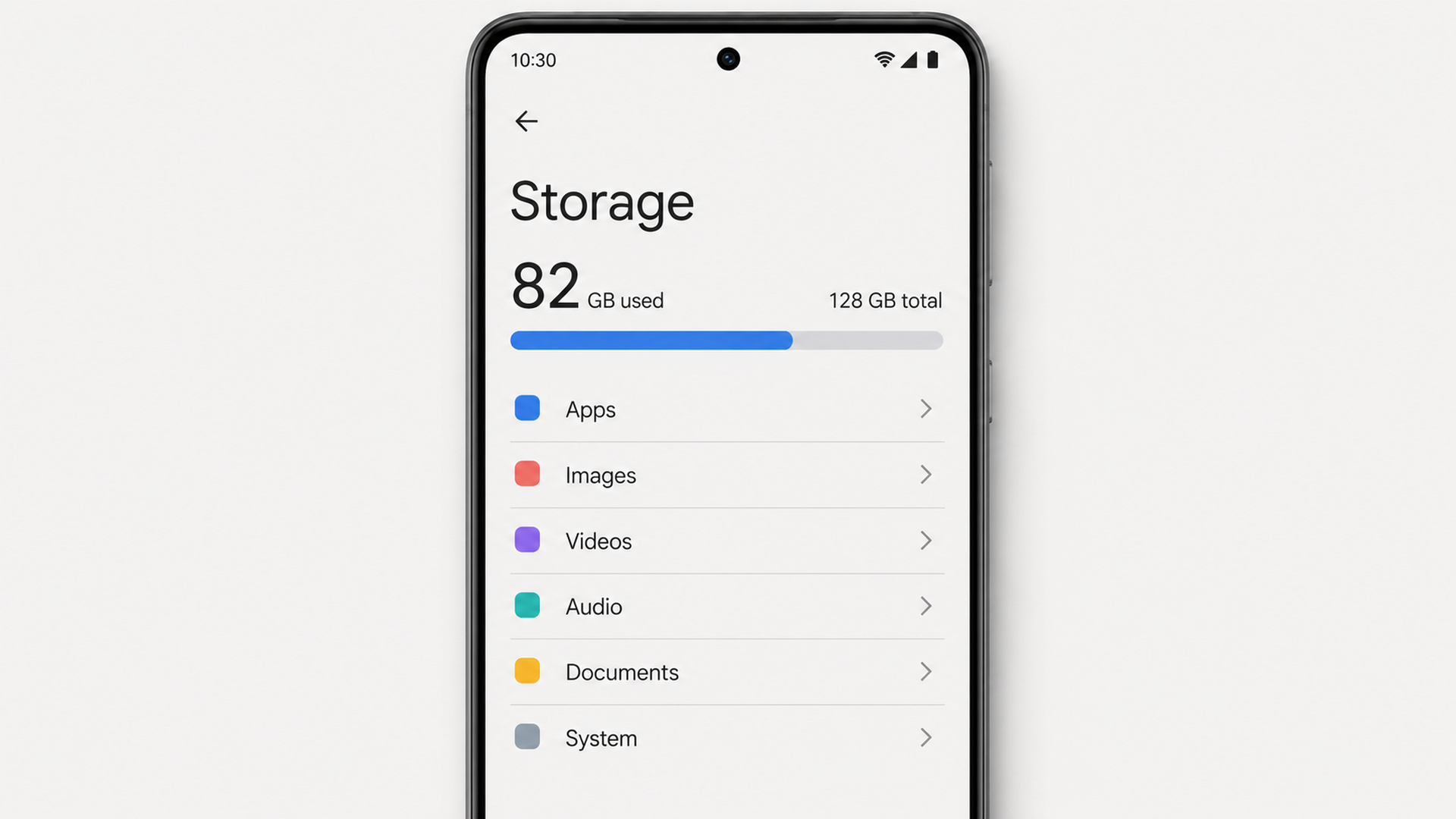 Android ফোনের Settings-এ Storage ব্যবহারের পরিমাণ ও বিভিন্ন বিভাগ দেখা যাচ্ছে