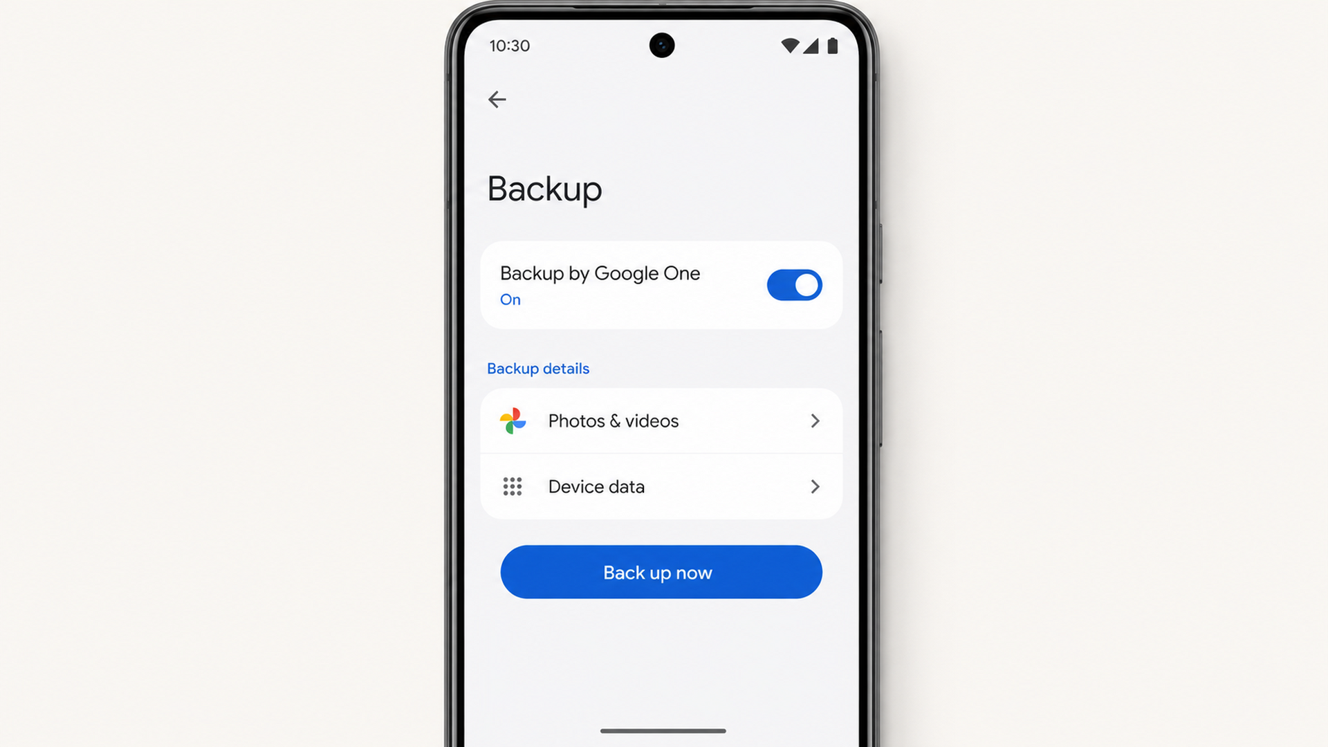 Android ফোনে Backup by Google One চালু এবং Back up now বোতাম দেখা যাচ্ছে