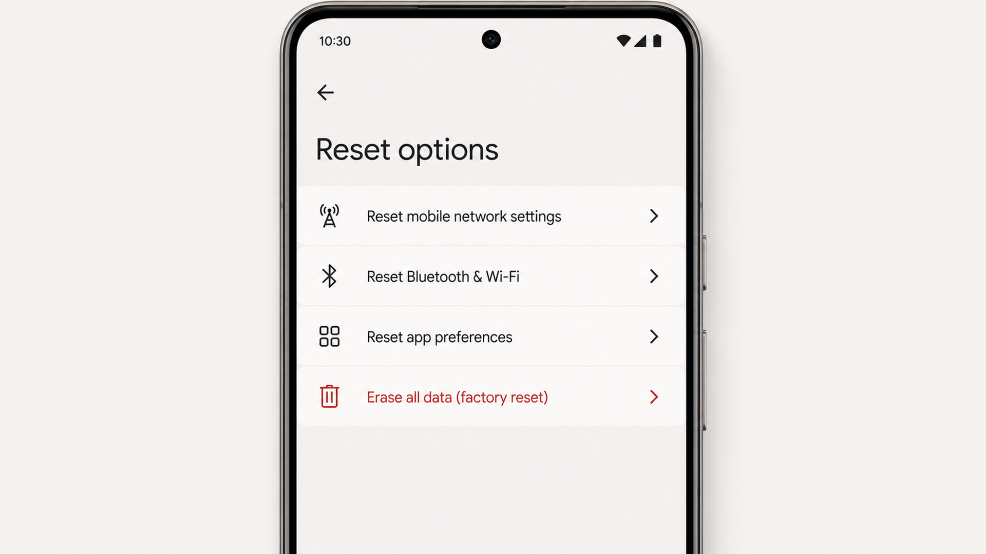 Android Reset options পর্দায় Erase all data factory reset বিকল্পটি লাল রঙে দেখানো হয়েছে