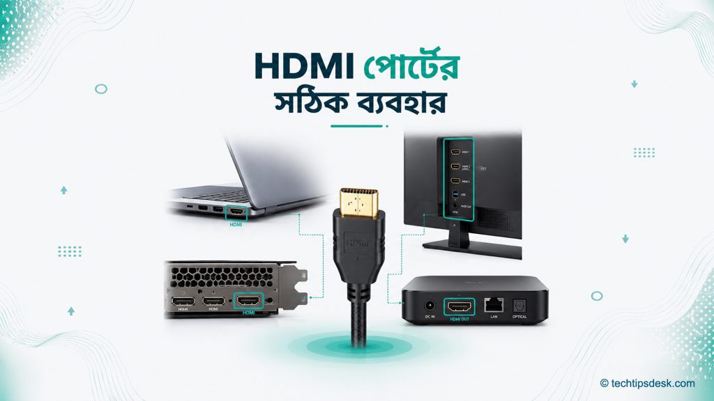 HDMI পোর্টের সঠিক ব্যবহার বোঝাতে ল্যাপটপ, মনিটর, গ্রাফিকস কার্ড ও স্ট্রিমিং যন্ত্রের সংযোগ