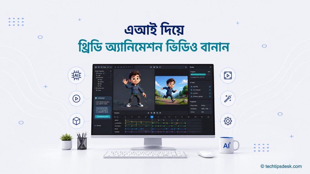 এআই দিয়ে থ্রিডি অ্যানিমেশন ভিডিও তৈরির সফটওয়্যারে কার্টুন চরিত্র সম্পাদনার দৃশ্য