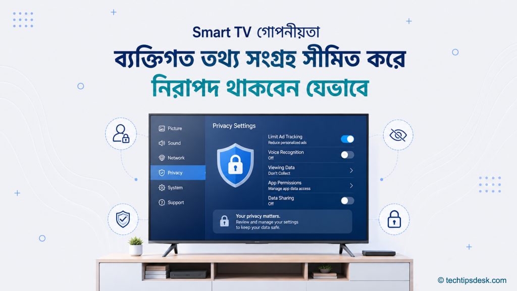 Smart TV-তে ব্যক্তিগত তথ্য সংগ্রহ সীমিত করে গোপনীয়তা রক্ষার প্রতীকী দৃশ্য