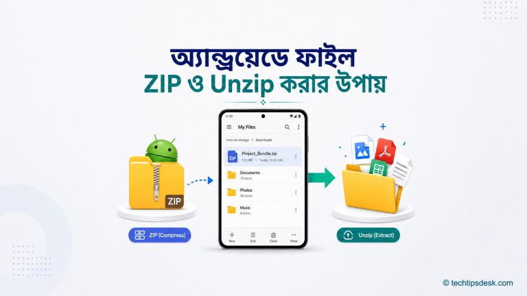 Android ফোনে ZIP ফাইল তৈরি ও Unzip করার প্রক্রিয়ার প্রতীকী চিত্র
