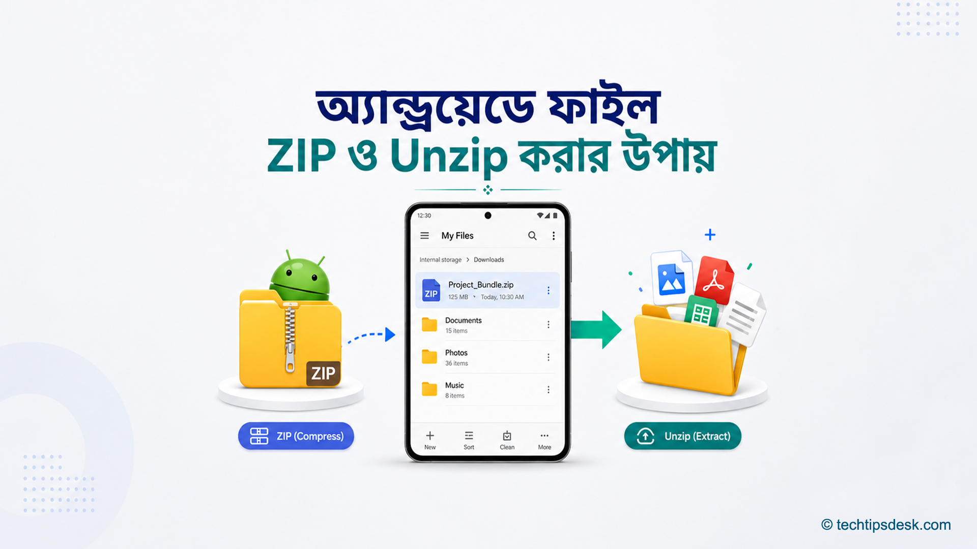 Android ফোনে ZIP ফাইল তৈরি ও Unzip করার প্রক্রিয়ার প্রতীকী চিত্র