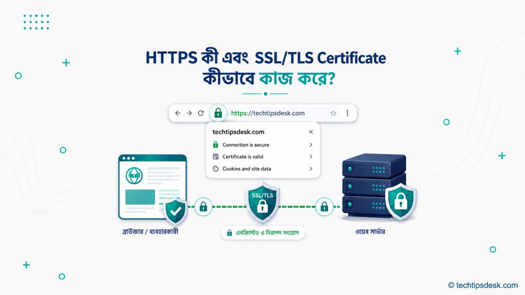 HTTPS ও SSL/TLS Certificate-এর মাধ্যমে Browser থেকে Web Server পর্যন্ত নিরাপদ সংযোগের চিত্র