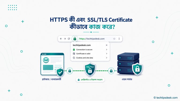HTTPS ও SSL/TLS Certificate-এর মাধ্যমে Browser থেকে Web Server পর্যন্ত নিরাপদ সংযোগের চিত্র