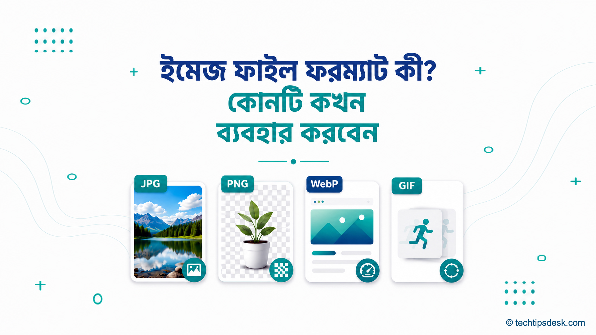 JPG, PNG, WebP ও GIF ইমেজ ফরম্যাটের ব্যবহার দেখানো তুলনামূলক ছবি