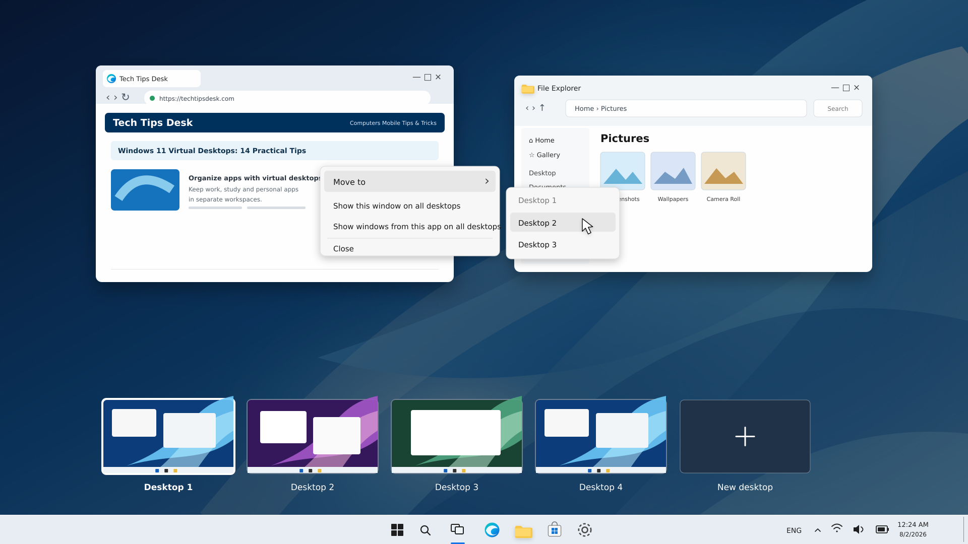 Task View-এর Move to মেনু থেকে App Desktop 2-এ সরানোর পদ্ধতি