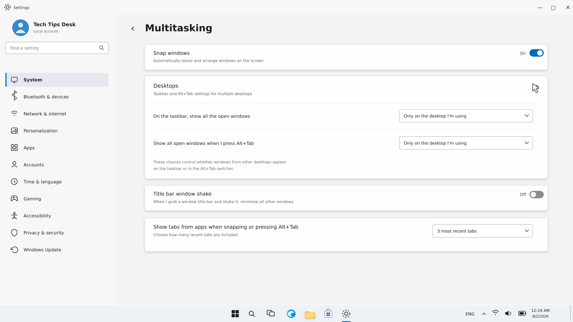 Windows 11 Multitasking Settings-এ Taskbar ও Alt + Tab-এর Virtual Desktop অপশন