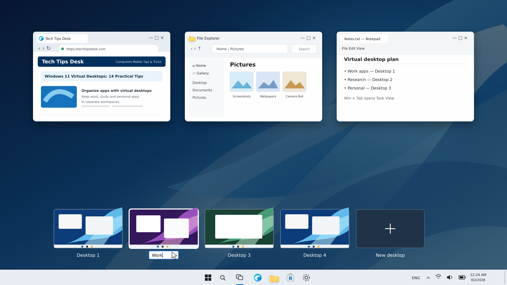Windows 11 Task View-তে Desktop 2-এর নাম Work হিসেবে পরিবর্তন
