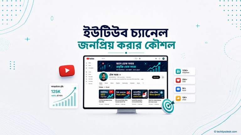 ইউটিউব চ্যানেল জনপ্রিয় করার কৌশল বোঝাতে চ্যানেল ড্যাশবোর্ড, ভিডিও, দর্শক ও বৃদ্ধির গ্রাফের ধারণামূলক ছবি